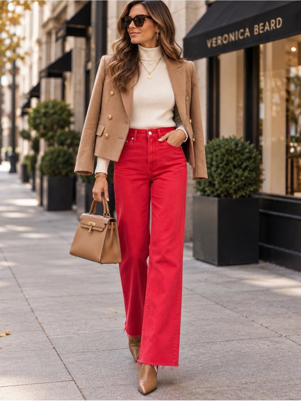 Veronica Beard Red High Rise Wide Leg Jeans Raw Hem 100% Cottons Sz 27